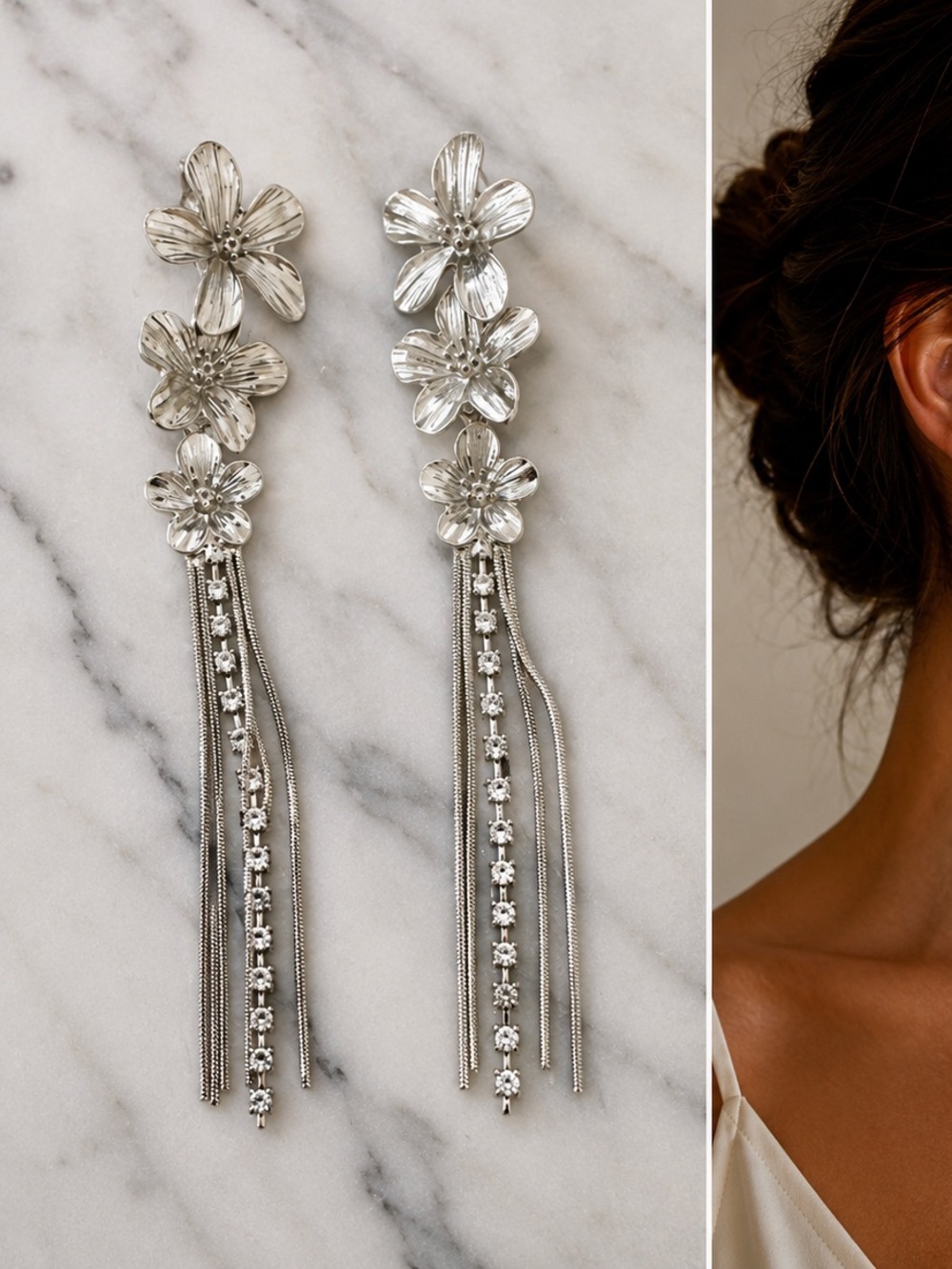 Silver Floral Drop Earrings - Women Jewelry